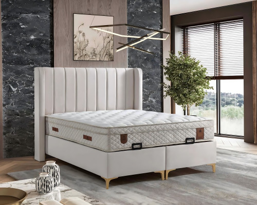 Elegant bed with brown fabric