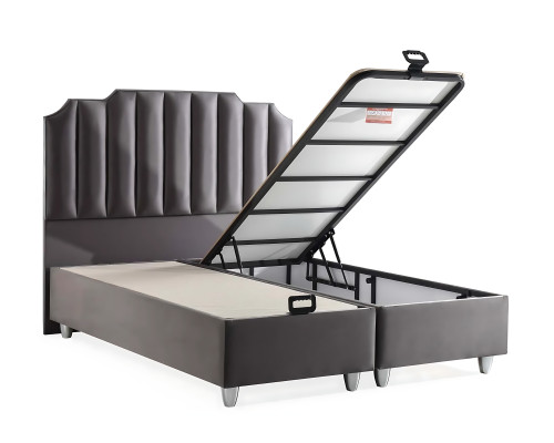 Elegant gray bed made of fabric and wood with mattress