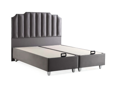Elegant gray bed made of fabric and wood with mattress