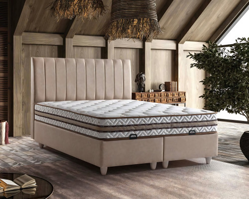 Beige fabric bed with elegant mattress