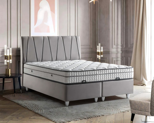 Elegant gray bed with mattress in modern style