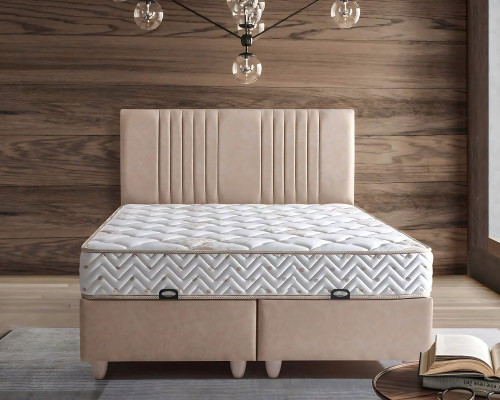 Elegant bed with pillow in light beige fabric and wood