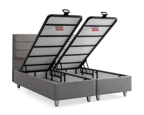 Elegant gray bed made of fabric and wood with mattress
