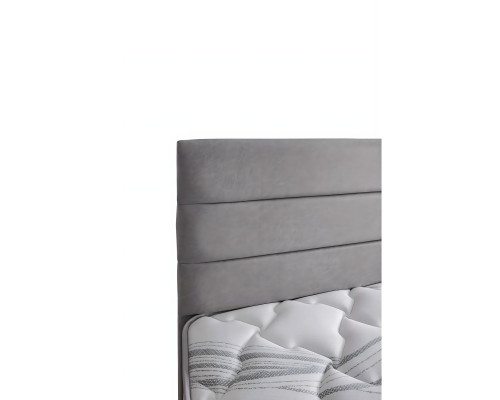 Elegant gray bed made of fabric and wood with mattress
