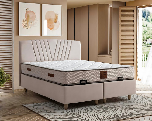 Elegant bed made of light fabric and wood