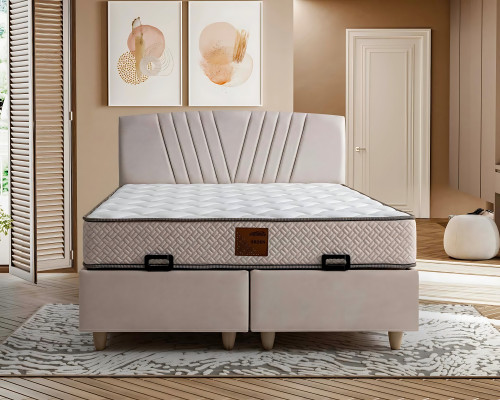Elegant bed made of light fabric and wood