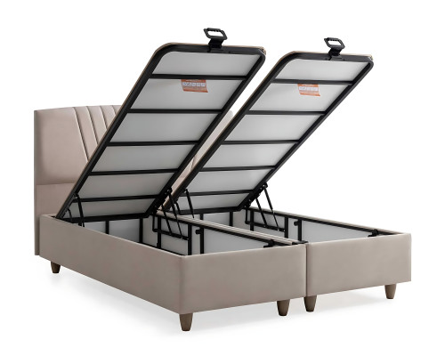 Elegant bed made of light fabric and wood