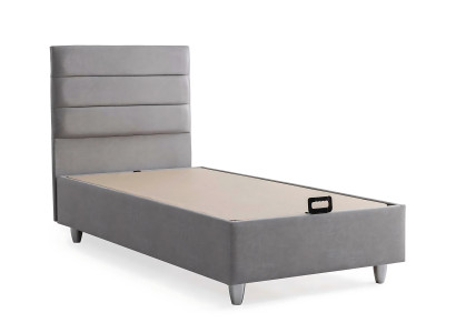 Elegant gray bed made of fabric and wood with mattress