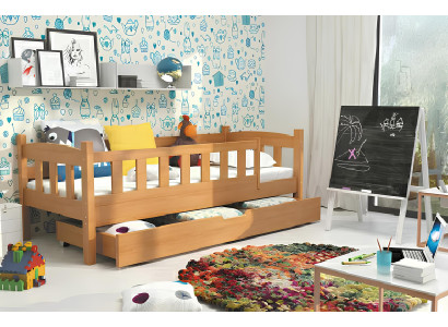 Bed made of solid wood with drawer and fall protection