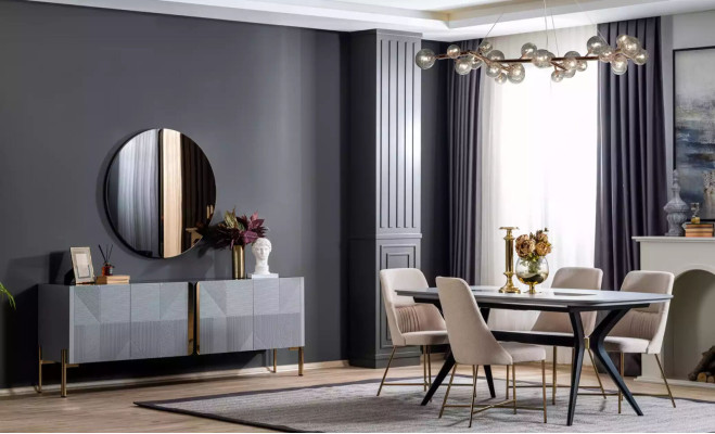 Modern, definitely beautiful table with chairs in shades of gray and beige.