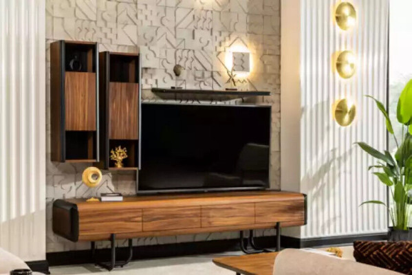 A beautiful TV cabinet with wall shelves in loft style that gives your living room a chic look.
