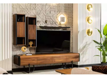 A beautiful TV cabinet with wall shelves in loft style that gives your living room a chic look.