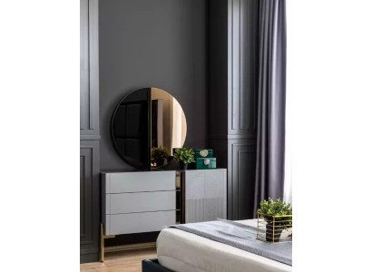 Beautiful dresser with mirror in shades of gray with gold inlays