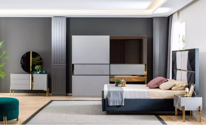 Beautiful dresser with mirror in shades of gray with gold inlays