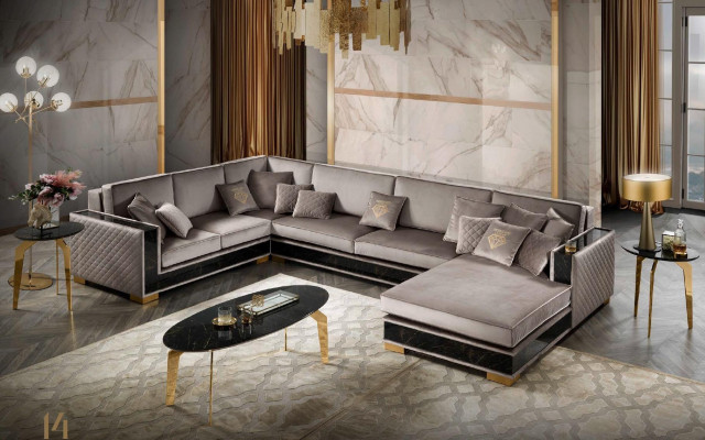 Sectional U-shaped sofa couch design upholstery fabric sofas seating furniture living area.