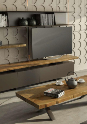 Modern TV stand with wall shelves, luxury storage cabinets, natural walnut