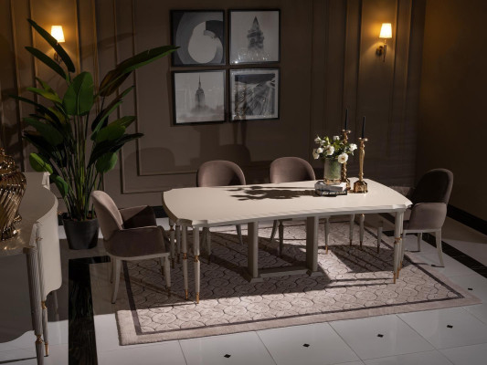 Dining set, dining nook, dining table, chairs, 9-piece dining room, beige, wood, sideboard