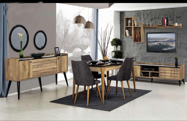 Black and Brown Dining Room Set Dining Table 4x Chairs Sideboard Mirror 8-piece