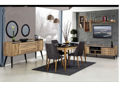 Black and Brown Dining Room Set Dining Table 4x Chairs Sideboard Mirror 8-piece
