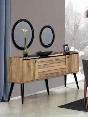 Black and Brown Dining Room Set Dining Table 4x Chairs Sideboard Mirror 8-piece