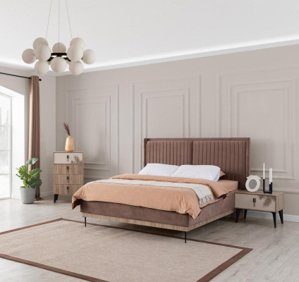 Brown bedroom double bed designer wood modern 2x nightstands