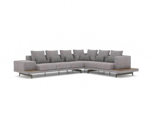 Luxury gray upholstered corner sofa, wood coffee table with side table living room