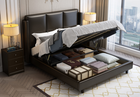 Modern style bed double bed bedroom leather upholstery textile double beds