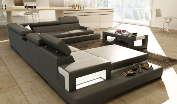 Leather sofa, corner sofa, U-shaped couch, living landscape, designer corner seat LEONARDO-B