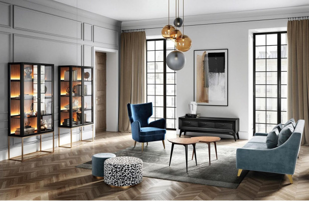 Velvet three-seater sofa, 3-seat sofas, fabric living room, polyester, modern luxury, blue.