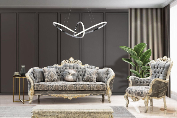 Baroque Sofa 3-Seater Gray Living Room Classic Design Sofa Couch Textile