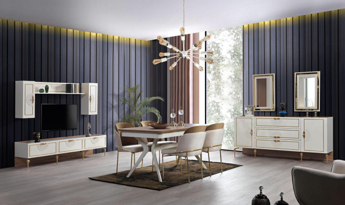 Living room set: sideboard with 2x mirror set, wood, 3-piece, white sideboard