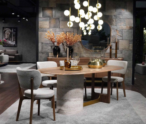 5-piece dining room set design. Modern furniture, wooden table, 4 chairs, new set.