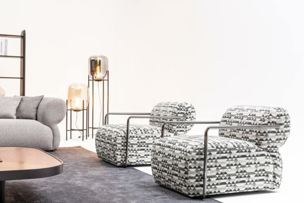 Designer armchair, modern 1-seater, living room luxury upholstery textile furniture.