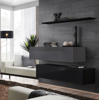 Living room wall unit modern black wood cabinet wall shelf