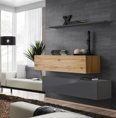 Living room wall unit set, 3-piece group, cabinet, wood furniture, wall shelf