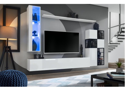 Hanging Display Cabinet White Living Wall Designer TV Stand Complete 9-Piece Wooden Furniture Shelves