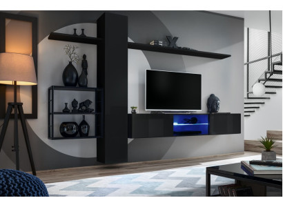 Black wall unit, wall shelves, living room furniture, luxury set, 5-piece