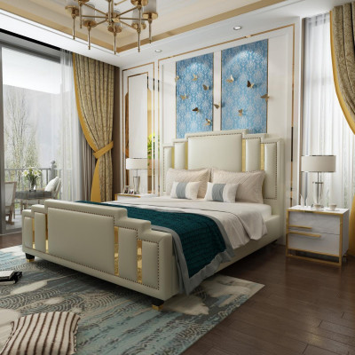 Luxury bedroom set design bed 2x bedside table wood complete 3 pieces