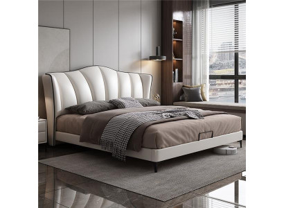 Bedroom bed leather luxury style double bed beige beds furniture furnishings