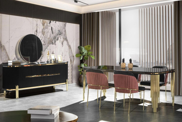 Dining room black gold dining set furniture dining nook chairs sideboard 6-piece set