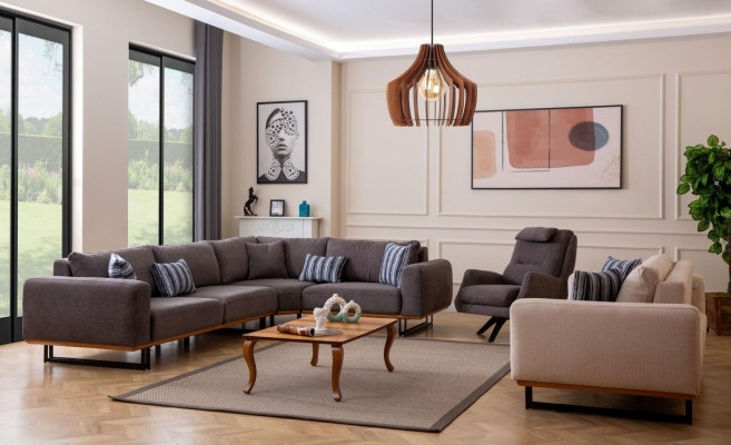 Designer living room set, sectional corner sofa L-shape, 3 sofas, 3-piece armchair.