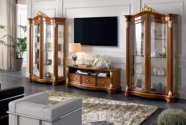 Wall unit showcase console cabinet glass display cases living room brown