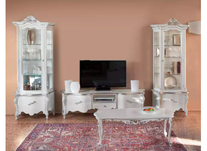 White living room set TV-stand coffee table 2x display cabinet luxury wooden furniture