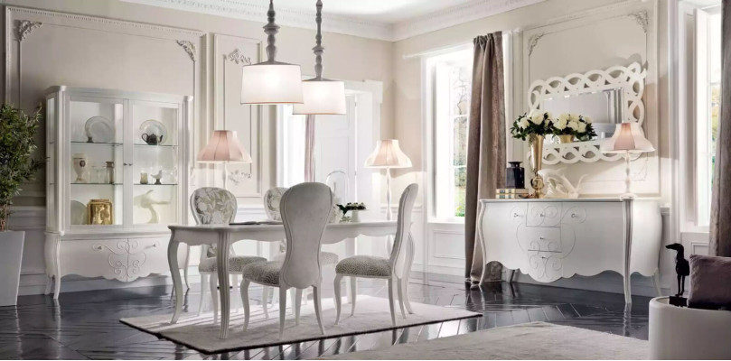 Dining room set, 8 pieces. Dining table, 4 chairs, sideboard, mirror, white furniture set.