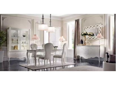Dining room set, 8 pieces. Dining table, 4 chairs, sideboard, mirror, white furniture set.