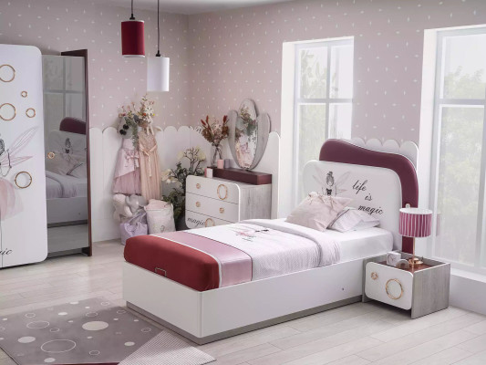Bed Bed Box Complete Children's Furniture Children's Bed Wood Pink Set 4-Piece Children's Room