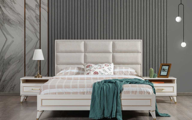 White bedroom furniture wood glass cabinet textile double bed nightstands