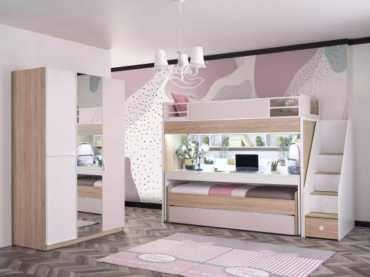 Bunk bed with 3 sleeping places multifunctional bed wood pink luxury loft bed