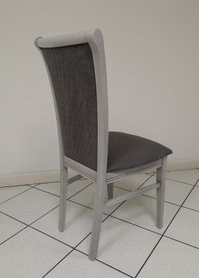 Dining room chair, wooden chair, gray fabric with armrest, relaxed design, armchair, Italy