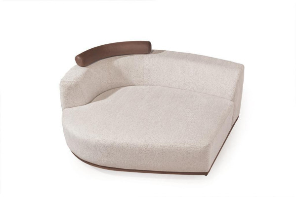 Beige living room corner sofa, exclusive L-shaped couch, modern wooden frame.